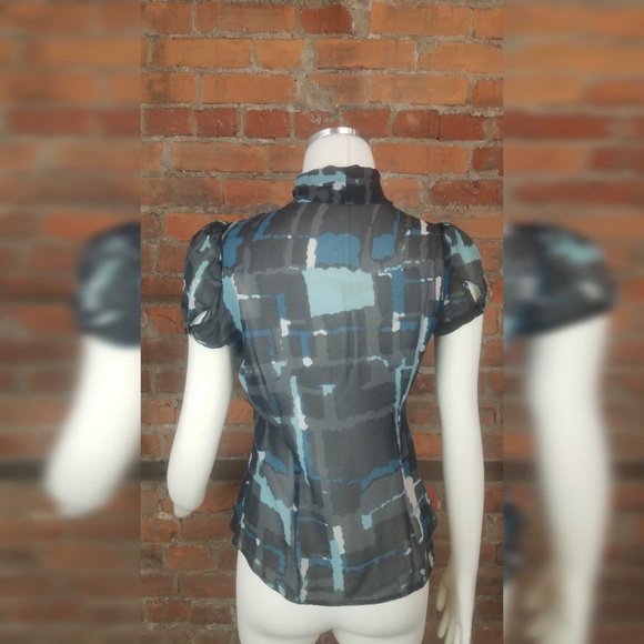 Express Women's Blouse Pussy BowGreen Black Aqua - Picture 4 of 5